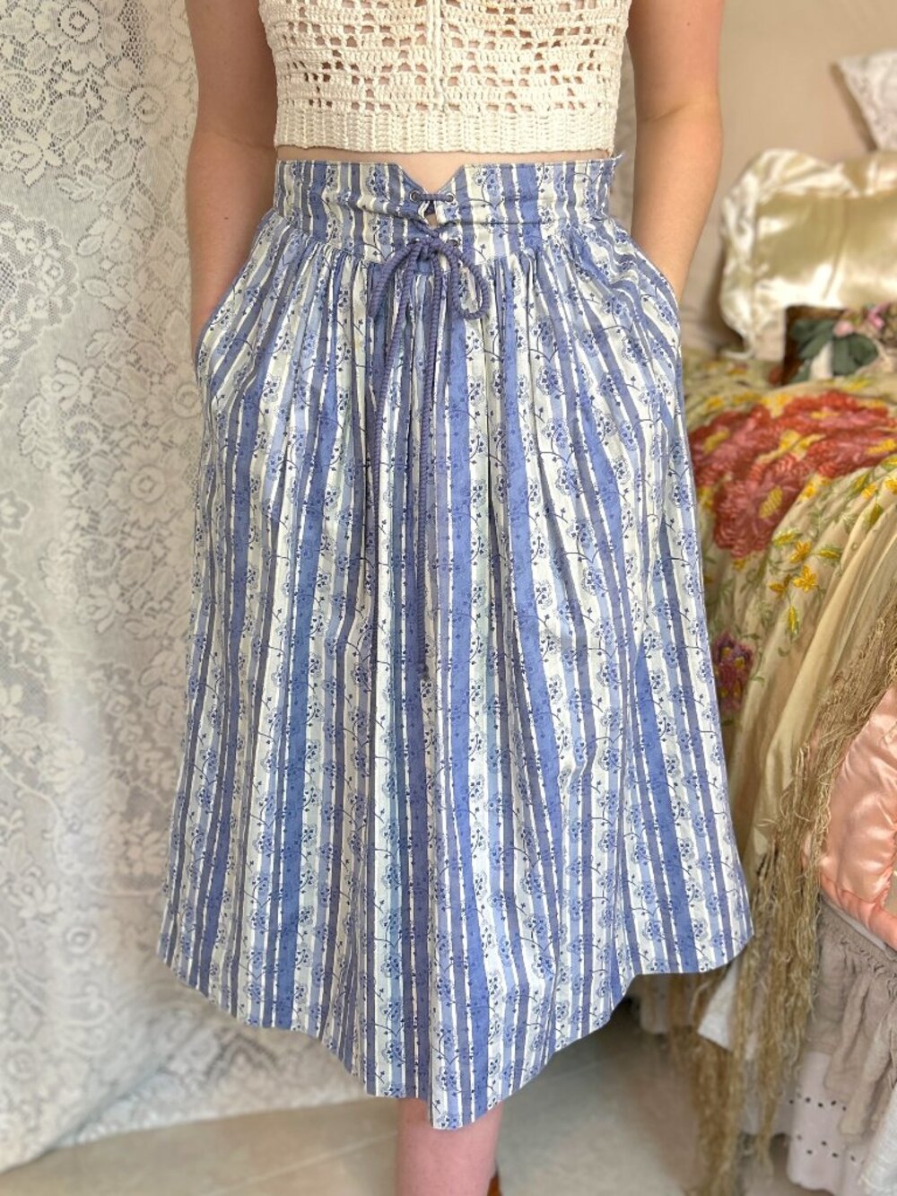 Vintage Blue Striped Cotton Midi Skirt, Retro Dirndl-Style High Waist Skirt